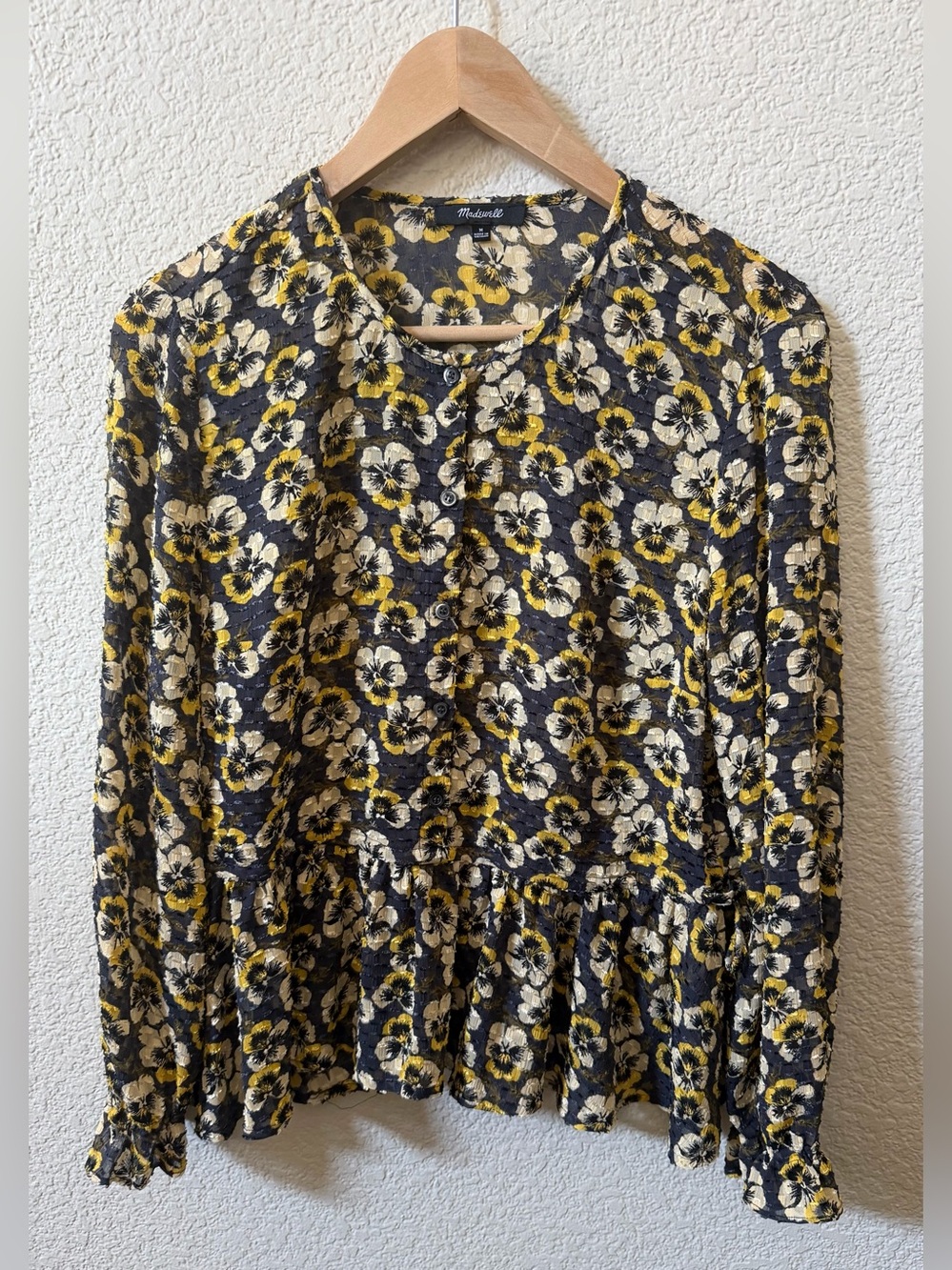 Madewell Women’s (M) Drawstring Ruffle Hem Top Viola Pansy Floral Black & Yellow